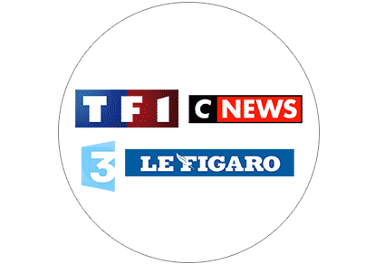 Logos des médias: TF1, CNews et Le Figaro représentés dans une icône ronde blanche.