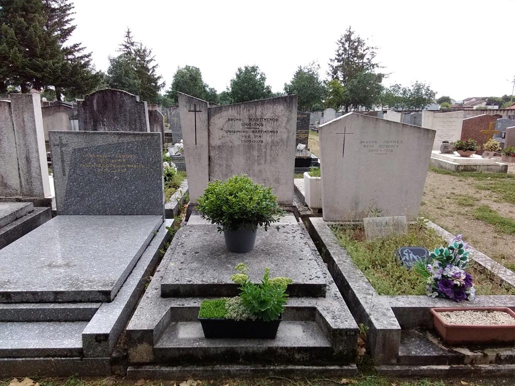 Tombeau du cimetière avec une tombe centrale en pierre et des plantes vertes en pot.