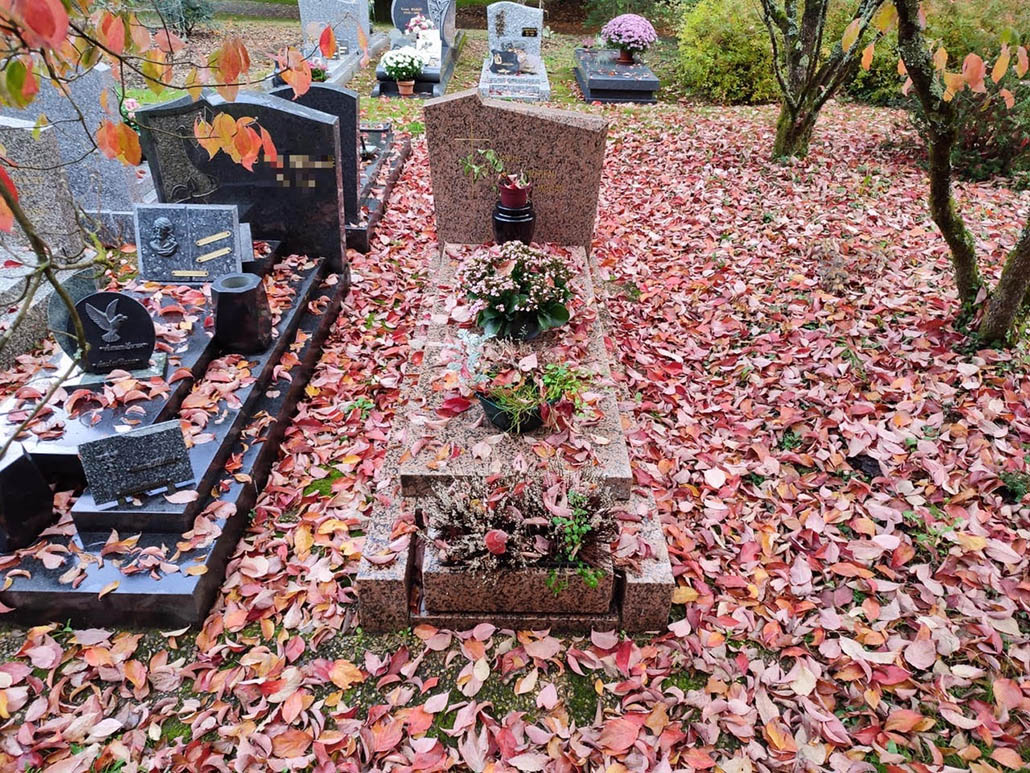Tombe de cimetière en granit rose, entourée de feuilles d’automne rouges et orange, fleurs et vase en son sommet.
